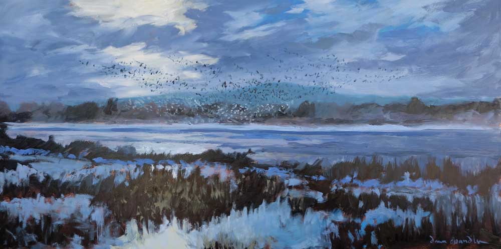 'bosque morning rising' ~ by dawn chandler ~ oil on panel ~ 12" x 24"