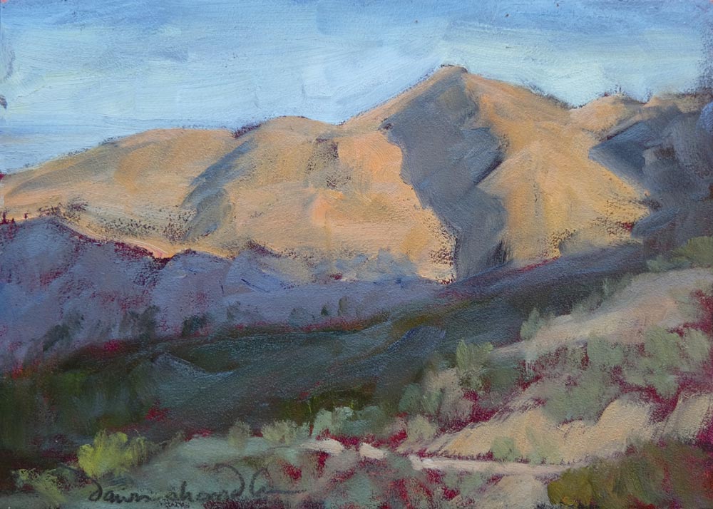 early morning light from a luz trail, plein air painting on panel by artist dawn chandler