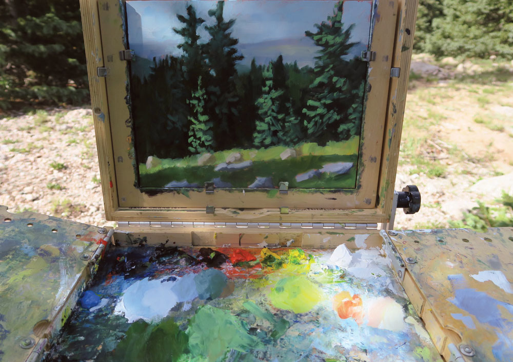 painting process, illuminated by morning light , plein air new mexico landscape painting by artist dawn chandler