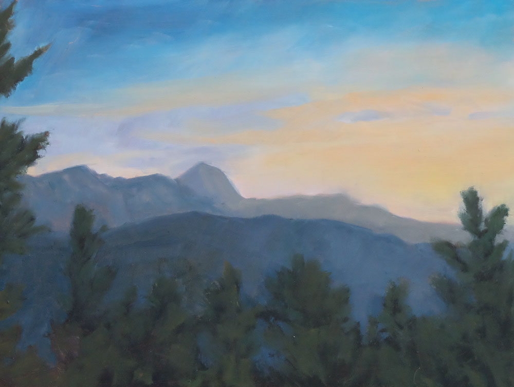 daybreak at crater lake - gazing toward the tooth, philmont, oil landscape painting by santa fe artist dawn chandler