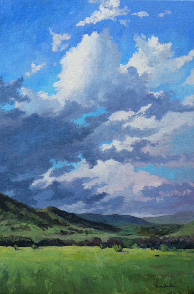 when rain finally comes to new mexio, philmont, oil landscape painting by santa fe artist dawn chandler
