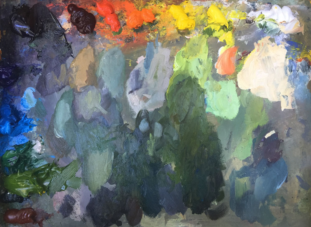 santa fe artist dawn chandler's plein air paint palette upon completion of the painting!