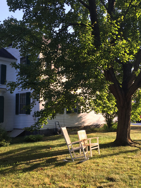 Two inviting yard rocking chairs at my aunt's home in Exeter, New Hampshire; photo by Dawn CHandler, Santa Fe artist