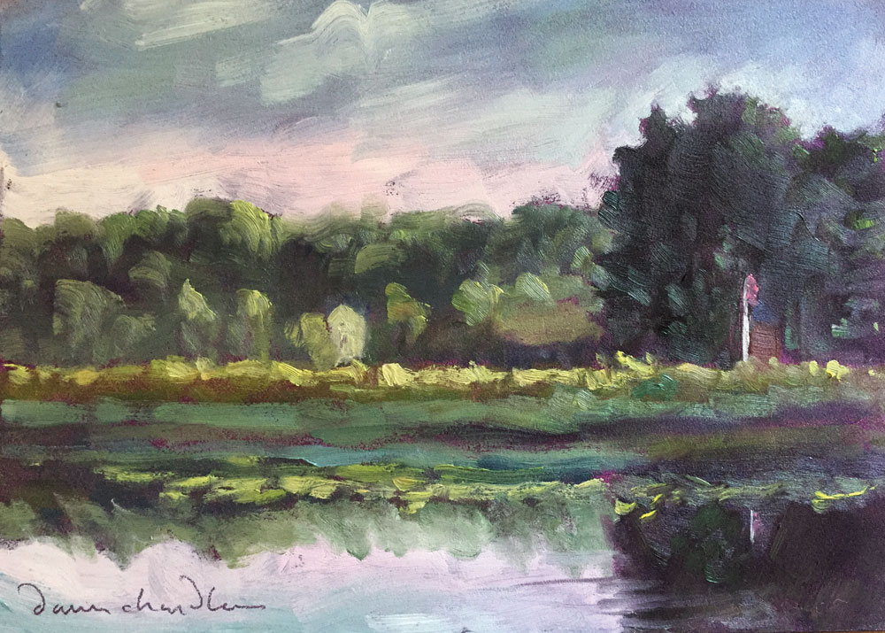 Artist Dawn Chandler' plein air painting of the Exeter River and distant Powder House and flag pole in New Hampshire.
