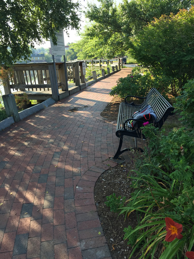 An inviting park bench along the Exeter RIver, in Exeter New Hampshire. Photo by Santa Fe artist Dawn Chandler