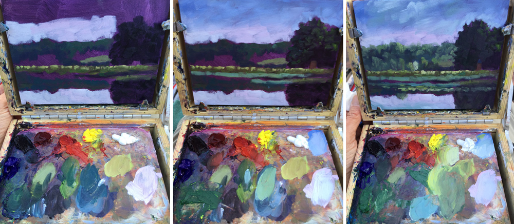 Artist Dawn Chandler' plein air painting palette while painting the Exeter River in New Hampshire - here, the later stages.