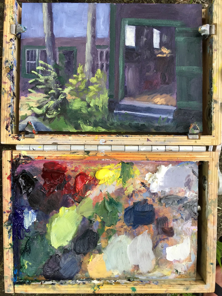 Artist Dawn Chandler's plein air paint palette and painting of her aunt's tool shed at the lake house on Lake Wentworth, New Hampshire