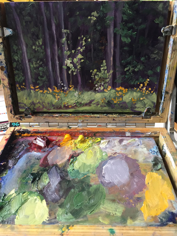 plein air oil painting of golden flowers and green birch leaves catching the sun in a friend's Vermont garden, by Santa Fe artist Dawn Chandler