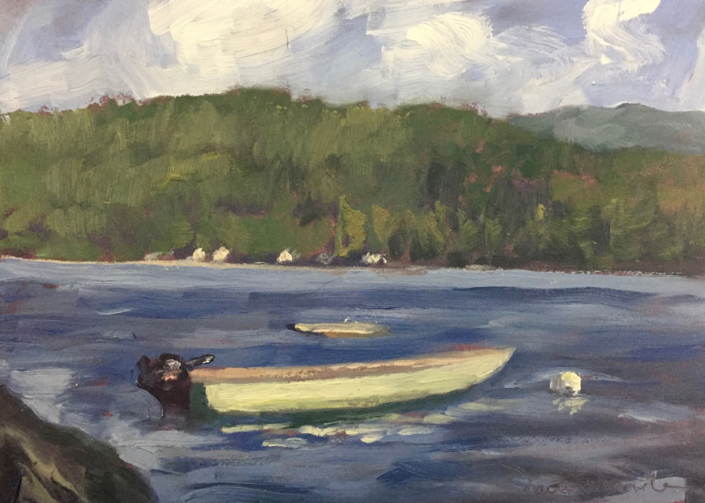suz's boat catching the late afternoon light, lake wentworth, new hampshire, painted in oil by santa fe artist dawn chandler