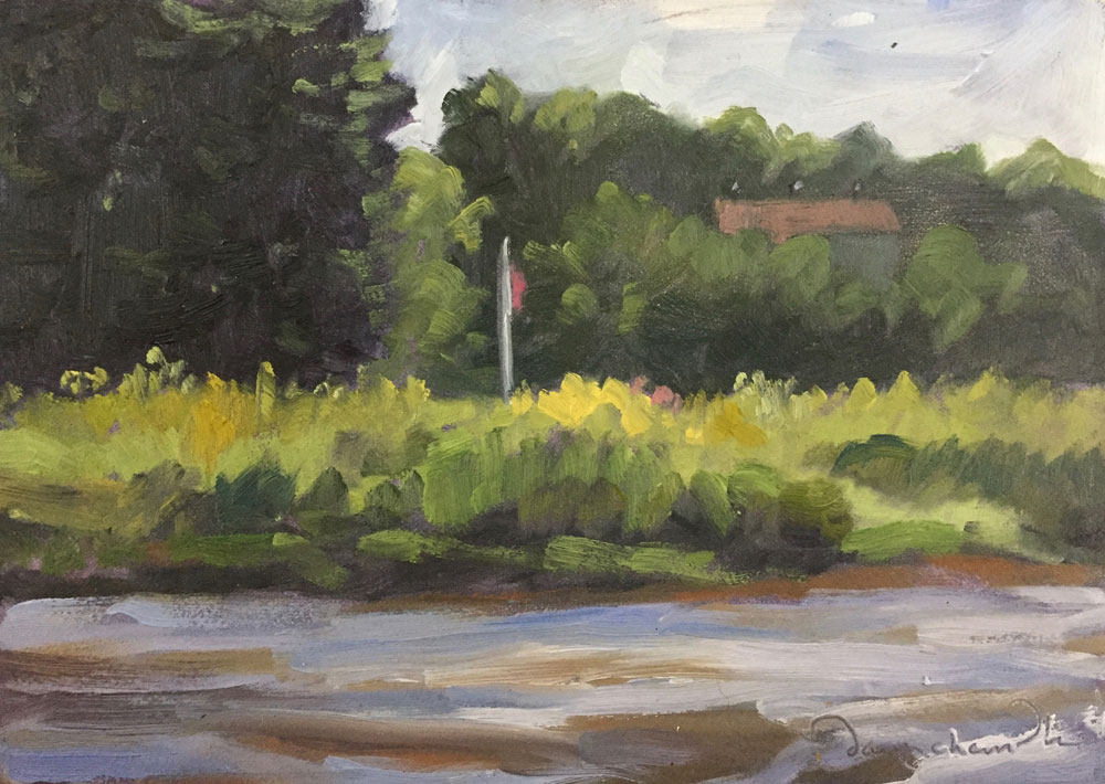 plein air oil painting of the Exeter River, Exeter, New Hampshire, by Santa Fe artist Dawn Chandler