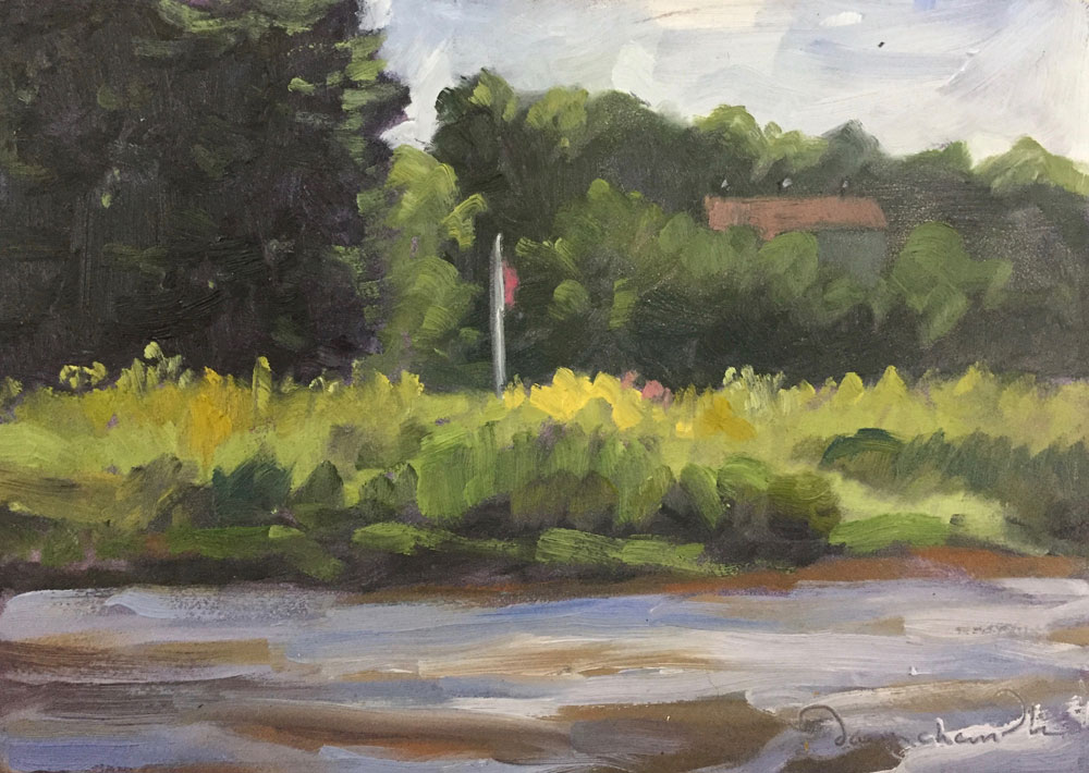 plein air oil painting of the Exeter River, Exeter, New Hampshire, by Santa Fe artist Dawn Chandler