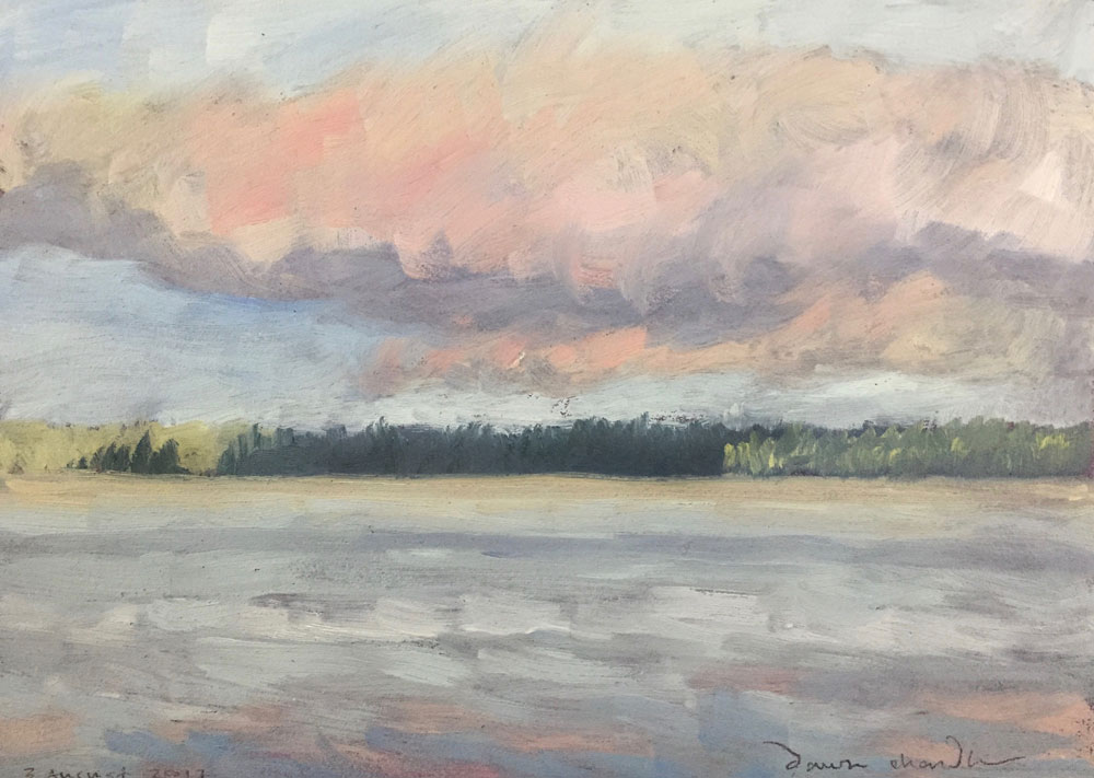 golden pink sunrise cloud over lake wentworth, new hampshire, painted in oil en plein air by santa fe artist dawn chandler