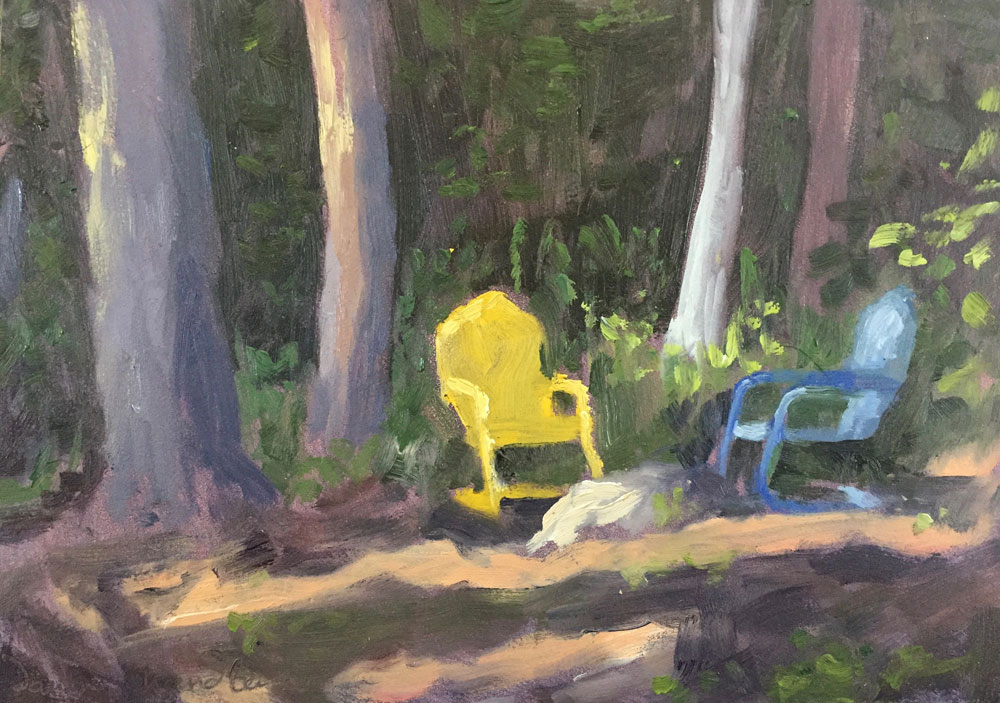 plein air oil painting of lakeside trees along Lake Wentworth, New hampshire, by Santa Fe artist Dawn Chandler