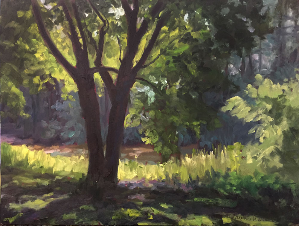 enjoying a shady spot along the rail trail near wolfboro, new hampshire, painted in oil by santa fe artist dawn chandler