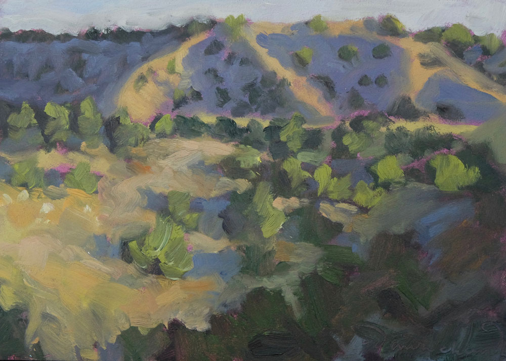A plein air oil painting of Santa Fe's Galisteo Basin painted by artist Dawn Chandler