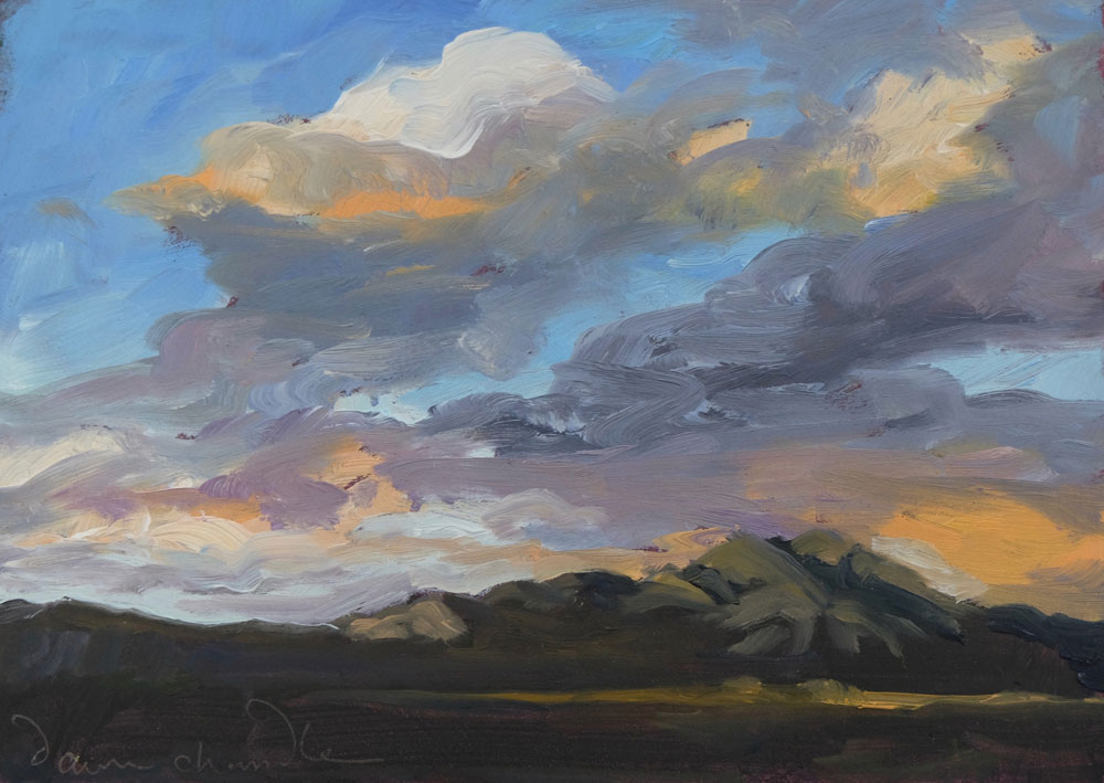 A plein air oil painting of Taos Mountain painted by artist Dawn Chandler