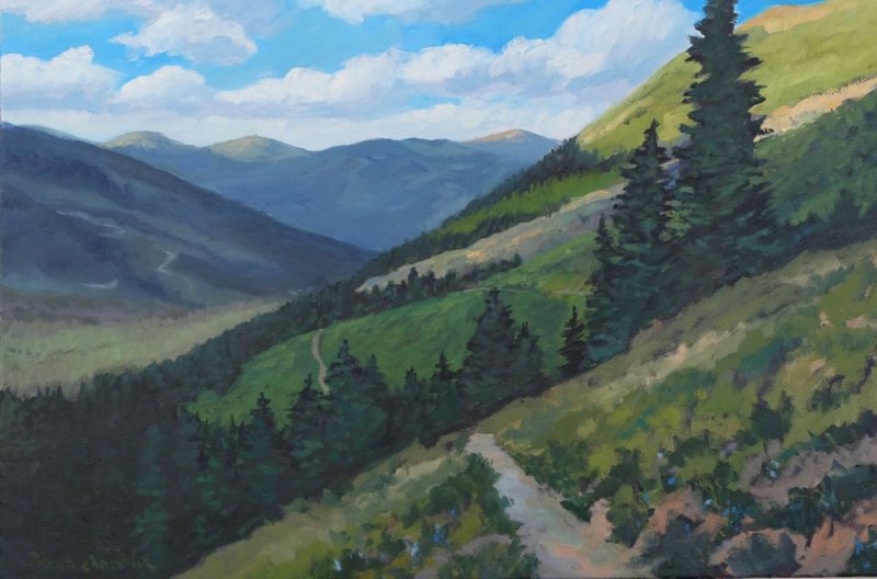 Phase eleven — the final painitng of Dawn Chandler's oil painting evolution of a view along Santa Fe Rail Trail transformed into a view of the Wheeler Peak Trail