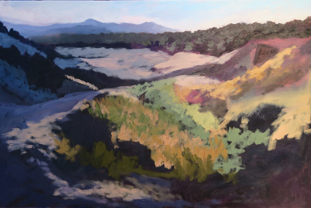 Phase four of Dawn Chandler's oil painting of a view along Santa Fe Rail Trail