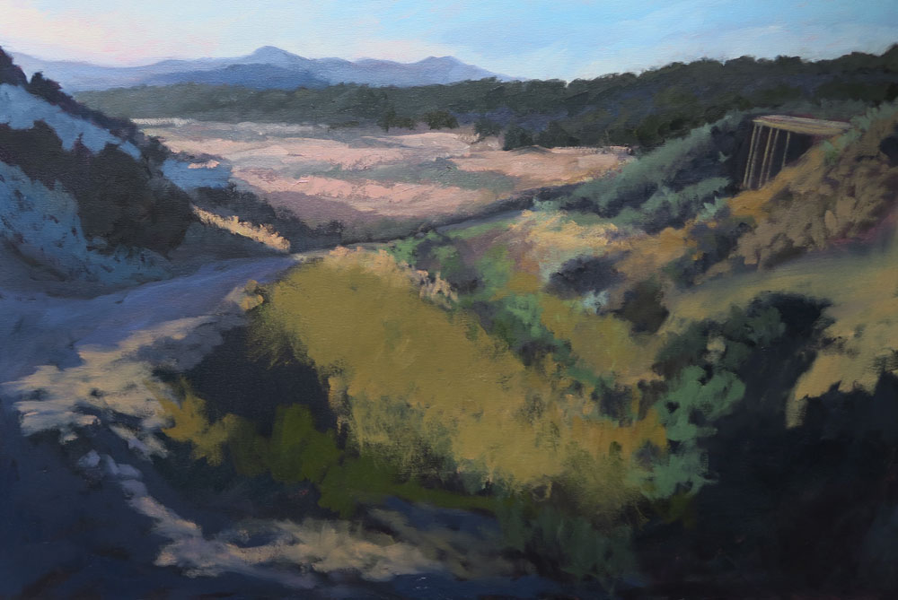 Phase six of Dawn Chandler's oil painting of a view along Santa Fe Rail Trail