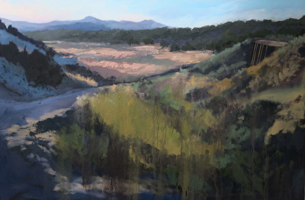 Phase six of Dawn Chandler's oil painting of a view along Santa Fe Rail Trail