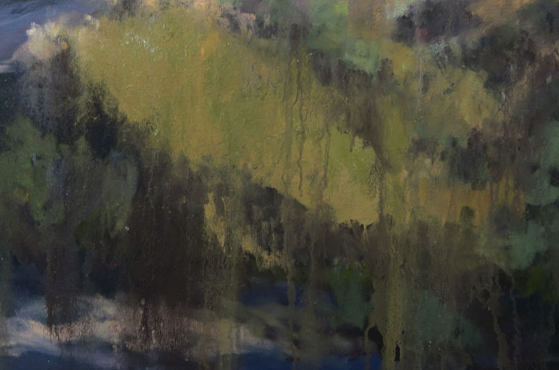 Detail of phase six of Dawn Chandler's oil painting of a view along Santa Fe Rail Trail