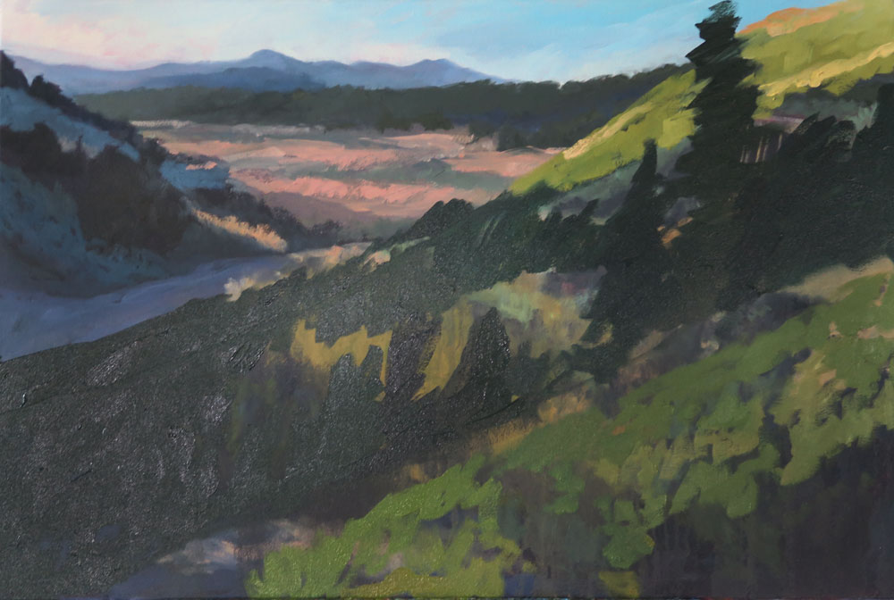 Phase eight of Dawn Chandler's oil painting of a view along Santa Fe Rail Trail being transformed into a view of the Wheeler Peak Trail