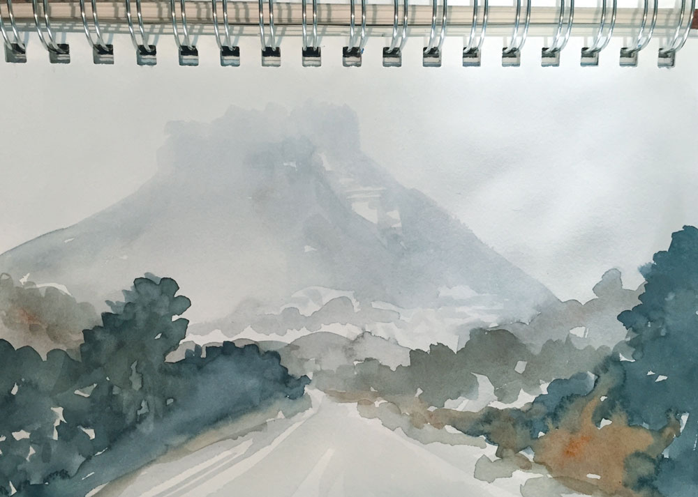 first few snowy miles of mesa verde in february watercolor sketch by artist dawn chandler