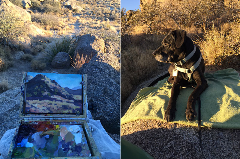 Dawn Chandler's birthday plein air session in the Albuquerque foothills, along with her painting mascot.