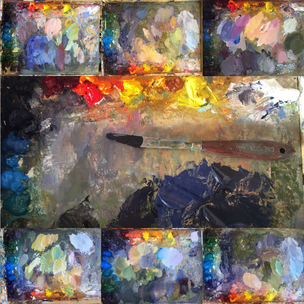 Artist Dawn Chandler's evolving paint palette during the 5-day Santa Fe Plein AIr Fiesta 2018