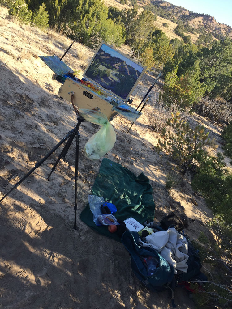 Artist Dawn Chandler's plein air painting set up during the Santa Fe Plein Air Fiesta 2018