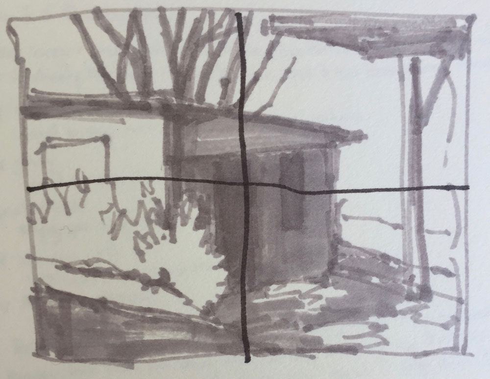 Notan sketch by artist Dawn Chandler of an adobe pottery shed in Dixon, New Mexico
