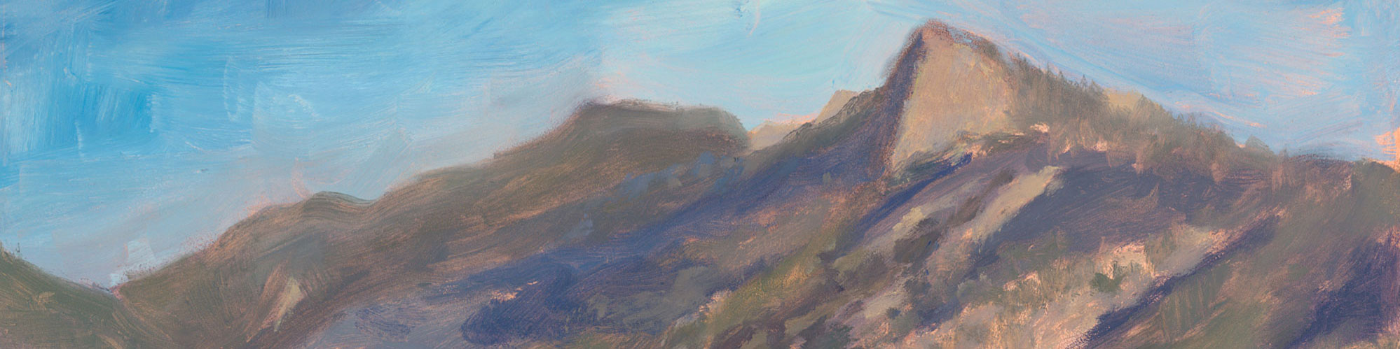 Detail of Dawn's oil painting A Philmont Morning is the Best Kind of Morning. It can be a challenge trying to figure out the color of the Tooth of Time!