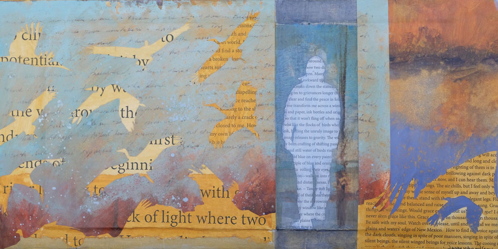 'never have I seen grace like this" - a painting celebrating the migration of the sandhill cranes by Dawn Chandler ~ mixed media on panel ~ 10" x 20"
