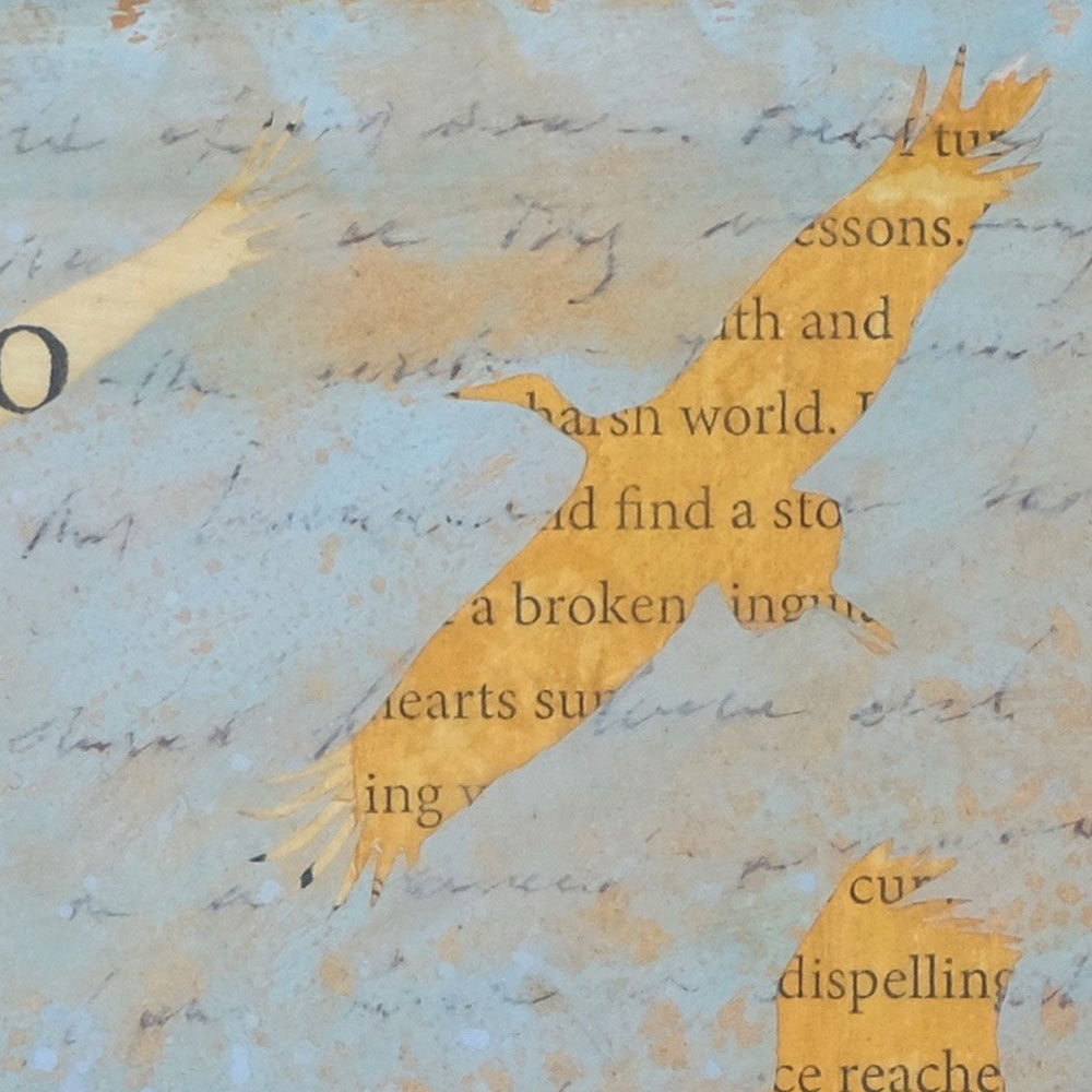 detail of 'never have I seen grace like this' - a painting celebrating the migration of the sandhill cranes by Dawn Chandler ~ mixed media on panel ~ 10" x 20"