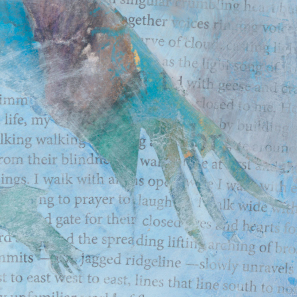 Their Wings Fill My Heart with Prayer — crane painting, iii, detail 02 — mixed media painting celebrating sandhill cranes by New Mexico artist Dawn Chandler