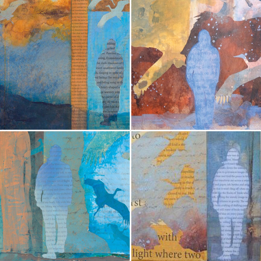 collage grid of four mixed media paintings with mysterious figures - paintings by Dawn Chandler