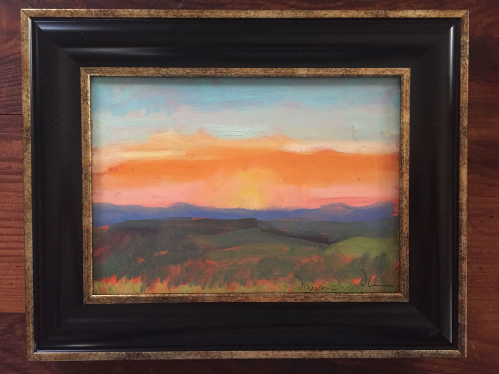'sunrise east of the ranch - philmont' by dawn chandler, oil on panel, 5" x 7" is now available for auction bidding