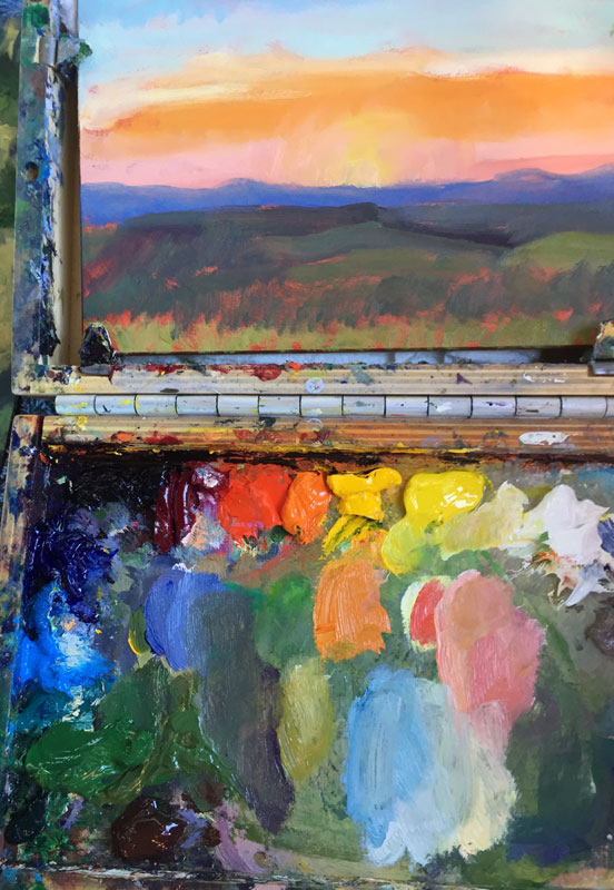dawn chandler's new mexico sunrise oil painting palette and plein air painting of 'sunrise east of the ranch'