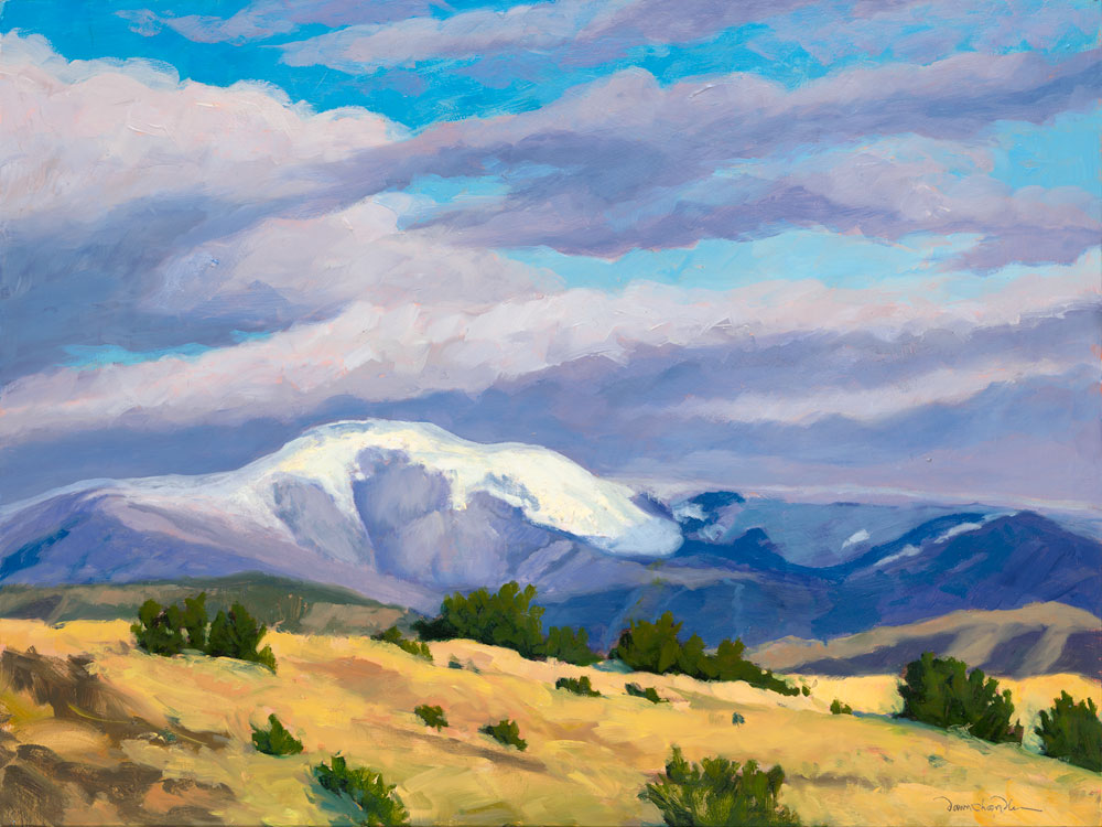 High Country Snow — Philmont's Baldy Mountain, oil painting by New Mexico artist Dawn Chandler, based on a photo by Douglas Fasching