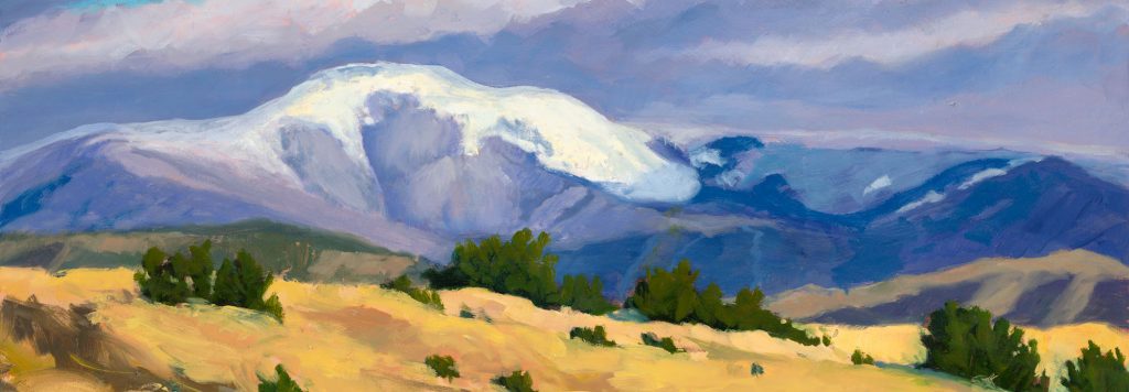 detail of High Country Snow, Dawn Chandler's recent painting of Philmont's Baldy Mountain, shrouded in fresh snow.