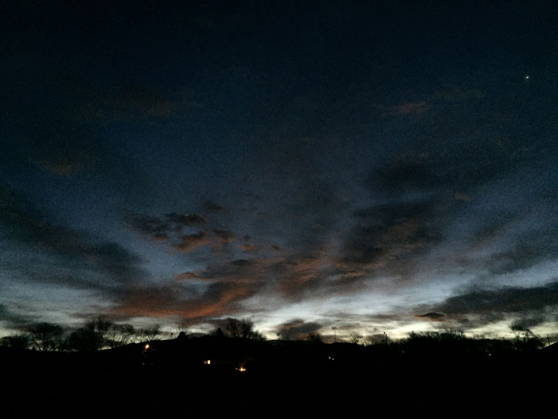 First morning light before the snow this week in Santa Fe. Photo by artist Dawn Chandler