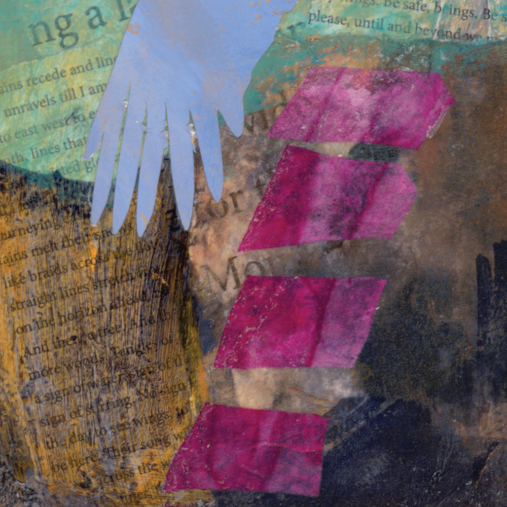 Detail of an abstract pink ladder, tip of a crane wing, and ghosted background text from Their Voices Reach Me and I Ascend, mixed media contemporary landscape painting, 7th of the Crane Series paintings by Dawn Chandler