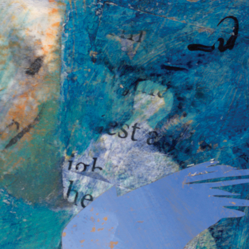Detail of background blue and crane’s wing tip in Their Voices Reach Me and I Ascend, mixed media contemporary landscape painting, 7th of the Crane Series paintings by Dawn Chandler