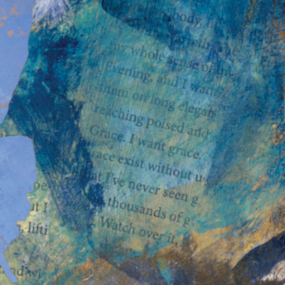Detail of background blue and ghosted text in Their Voices Reach Me and I Ascend, mixed media contemporary landscape painting, 7th of the Crane Series paintings by Dawn Chandler
