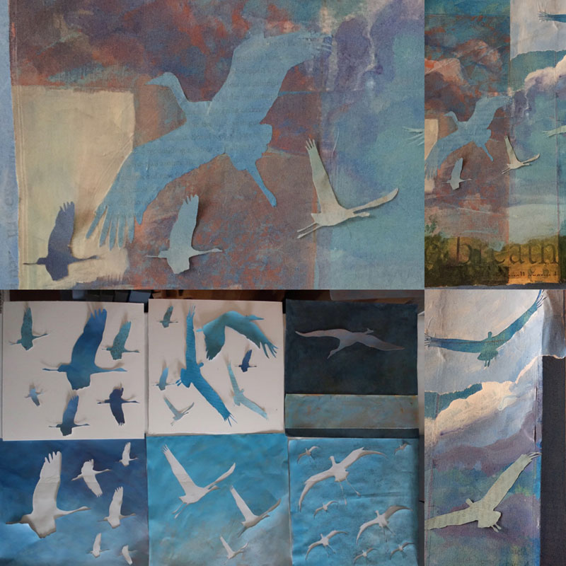 details of one of artist Dawn Chandler's mixed media crane paintings in progress