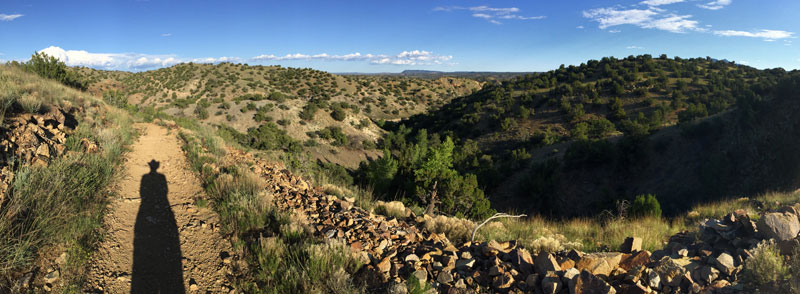 A panoramic view photographed in the Cerrillos Hills.
