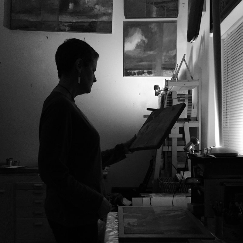 Silhouette of artist Dawn Chandler 'in the night studio.'