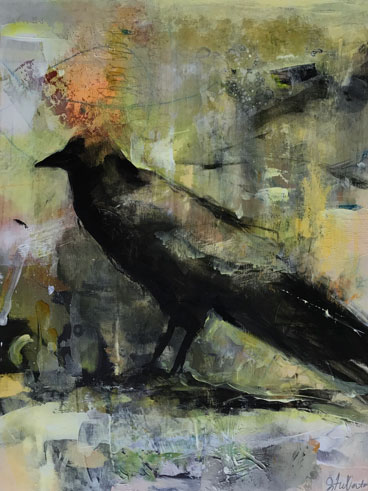 Messenger contemporary acrylic painting of a crow by artist Joan Fullerton