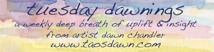 Colorful watercolor banner for Tuesday Dawnings.