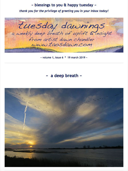 The welcoming image of a recent installment of Dawn Chandler's Tuesday Dawnings weekly series